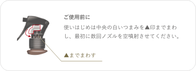 ご使用前に 使いはじめは中央の白いつまみを▲印までまわし、最初に数回ノズルを空噴射させてください。